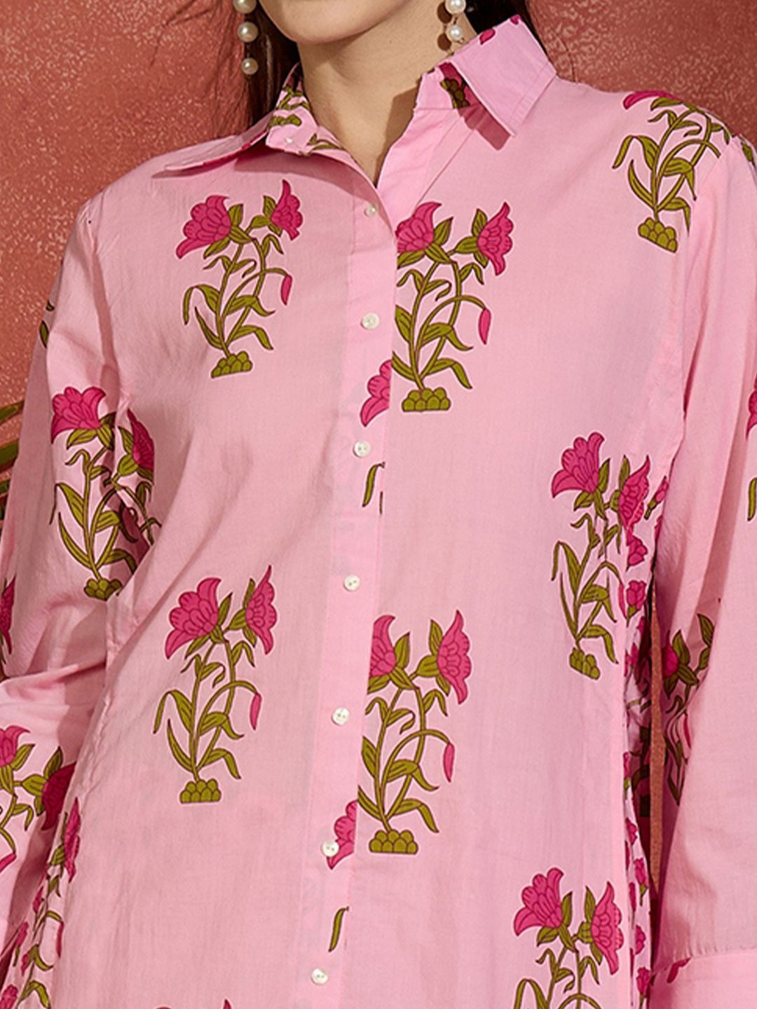 Floral Printed Shirt Collar Pure Cotton Straight Kurta With Palazzos