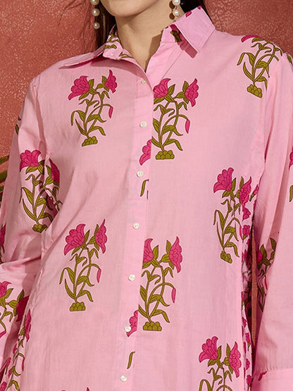 Floral Printed Shirt Collar Pure Cotton Straight Kurta With Palazzos