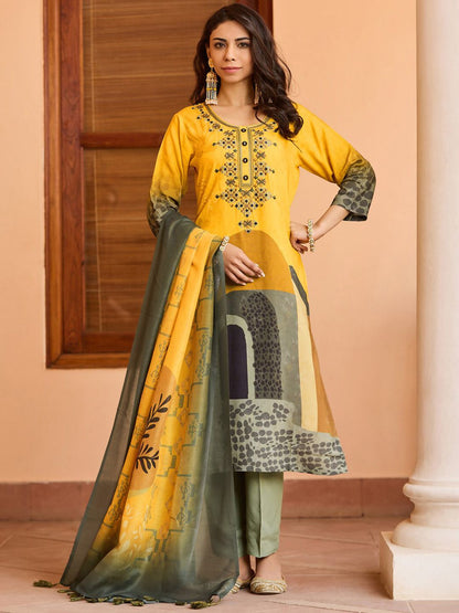 Dhiyona WP Geometric Embroidered Thread Work Straight Kurta With Trousers & Dupatta