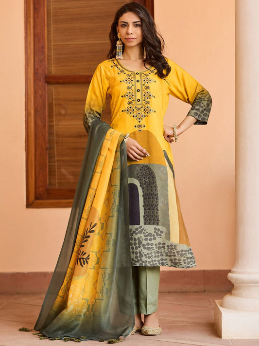 Dhiyona WP Geometric Embroidered Thread Work Straight Kurta With Trousers & Dupatta