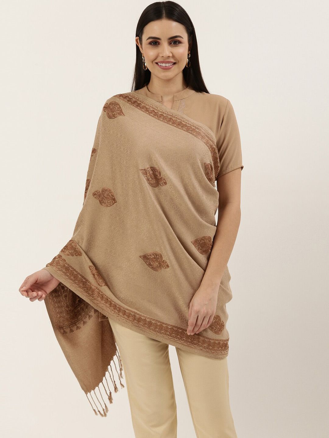 Dhiyona PA Women Beige Embroidered Shawl