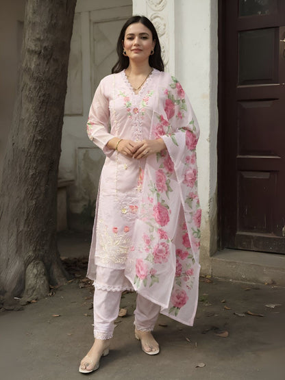 Dhiyona IE Women's Women Floral Embroidered Thread Work Kurta with Trousers & Dupatta