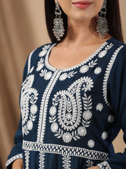 Dhiyona IS Women's Ethnic Motifs Embroidered Thread Work Anarkali Kurta With Trousers