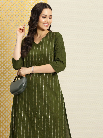 Dhiyona PD Women Women Striped Sequinned Pure Cotton Kurta with Trousers Set