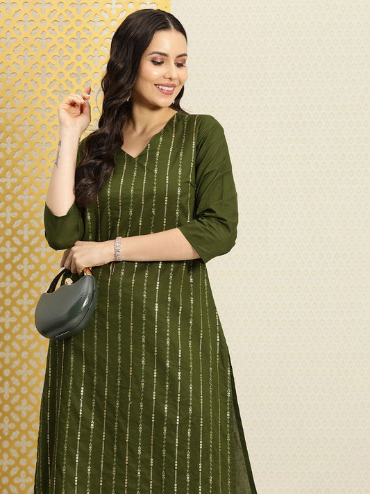 Dhiyona PD Women Women Striped Sequinned Pure Cotton Kurta with Trousers Set
