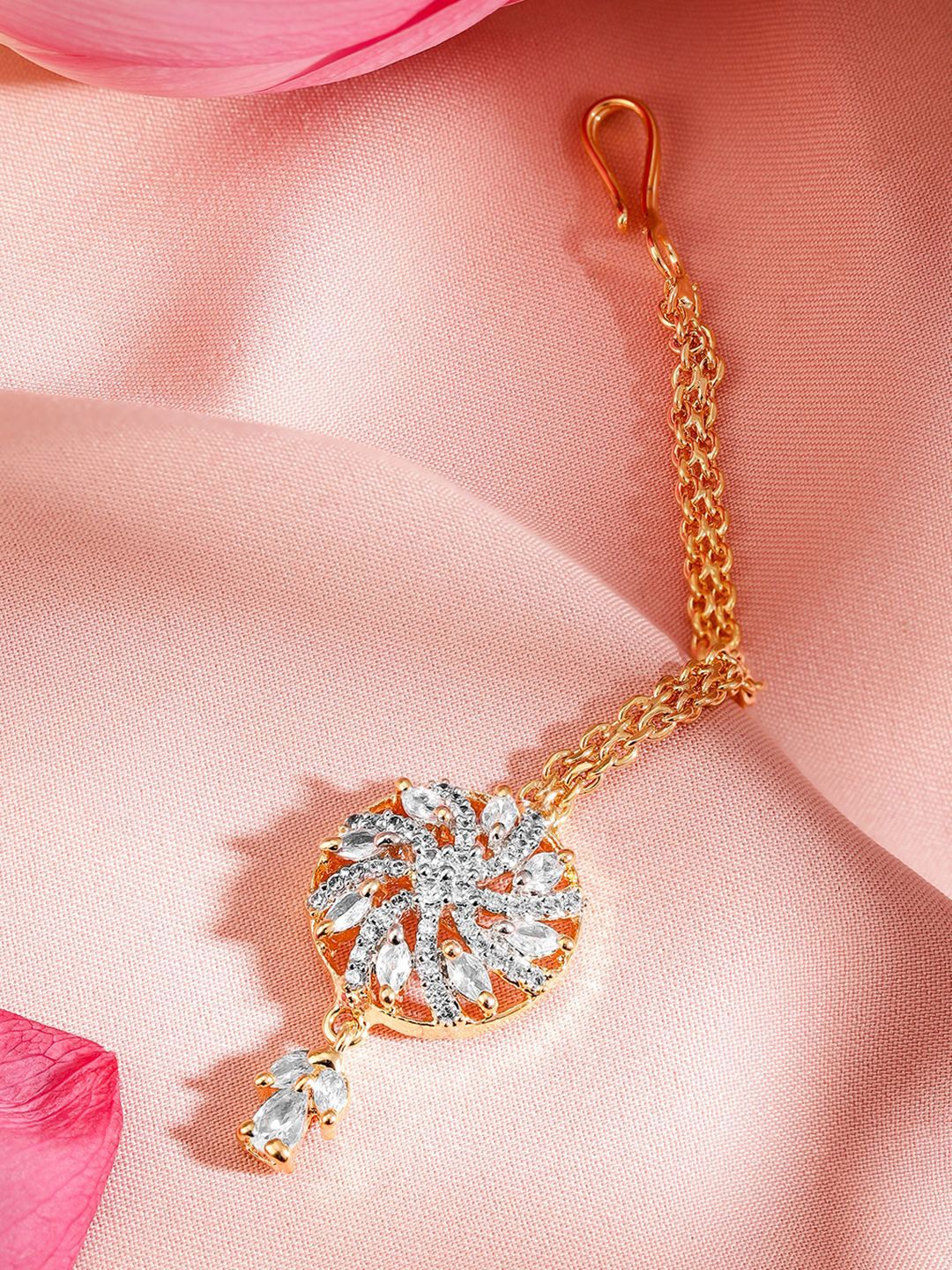 Dhiyona RJ Women's 18K Gold-Plated White Cubic Zirconia Studded Floral Maang Tikka Head Jewellery