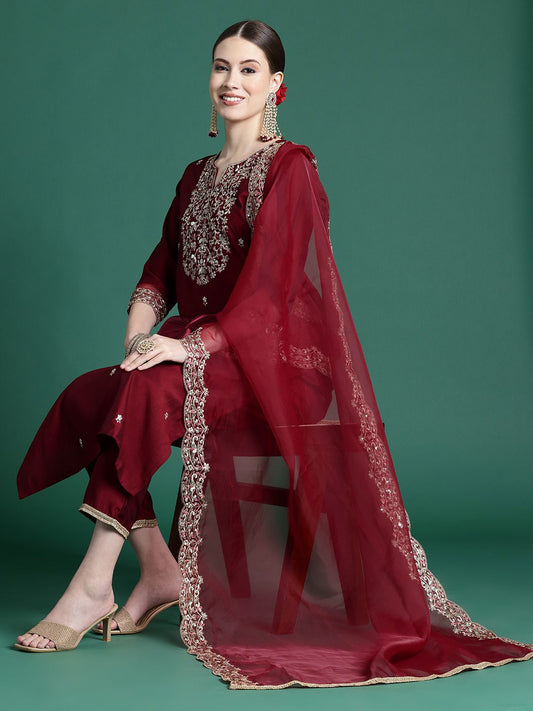 Dhiyona IE Women Floral Embroidered Regular Sequinned Liva Kurta with Trousers & With Dupatta