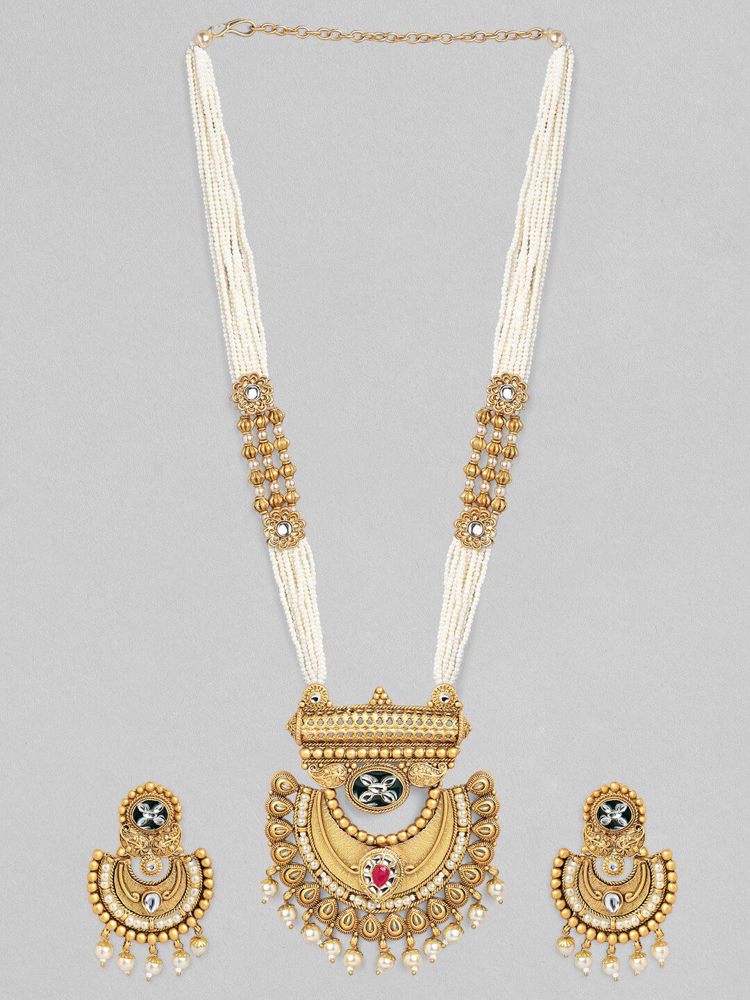 Dhiyona RJ Women's Gold-Plated White & Pink Kundan-Studded & Beaded Handcrafted Jewellery Set