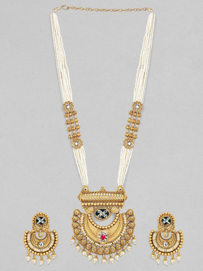 Dhiyona RJ Women's Gold-Plated White & Pink Kundan-Studded & Beaded Handcrafted Jewellery Set