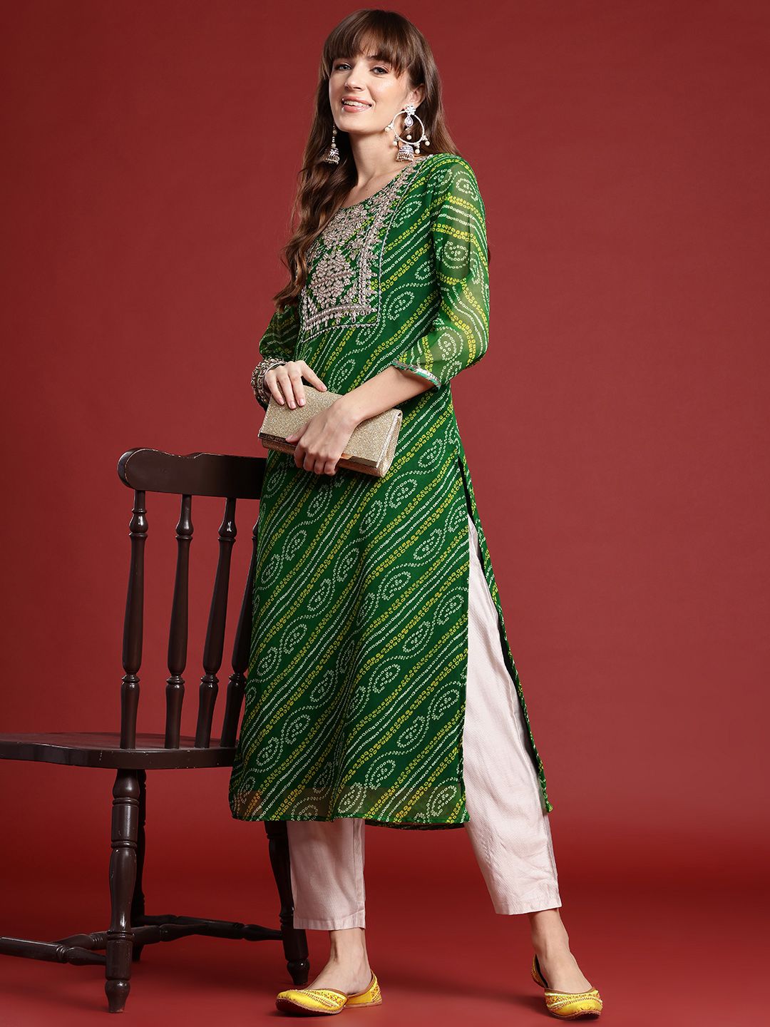 Dhiyona IE Bandhani Printed Gotta Patti Georgette Kurta