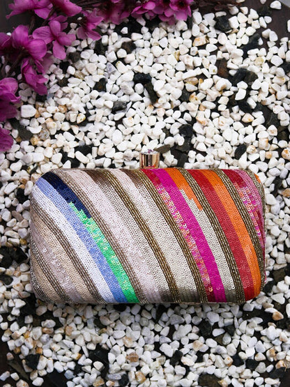 Dhiyona NR Women Gunmetal-Toned & Pink Embroidered Embellished Box Clutch