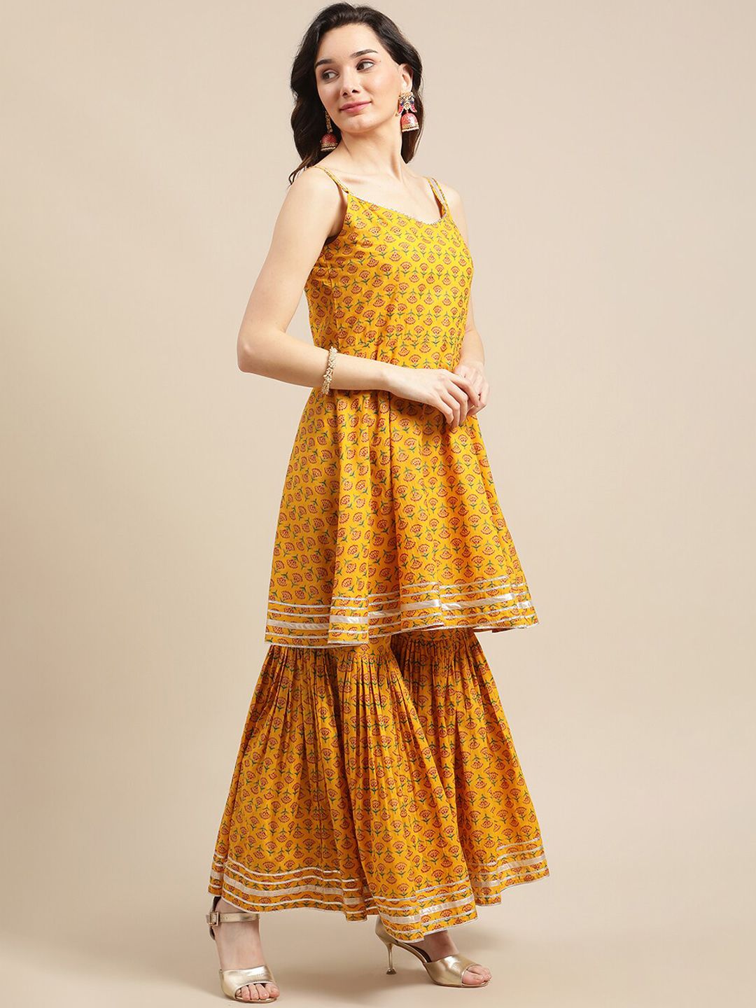 Dhiyona VA Women's Mustard Yellow Ethnic Motifs Empire Gotta Patti Pure Cotton Kurti with Sharara & With Dupatta