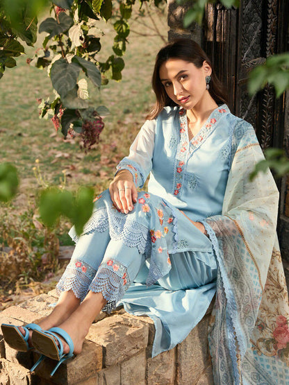 Blue Floral Embroidered Thread Work Straight Kurta With Trousers & Dupatta