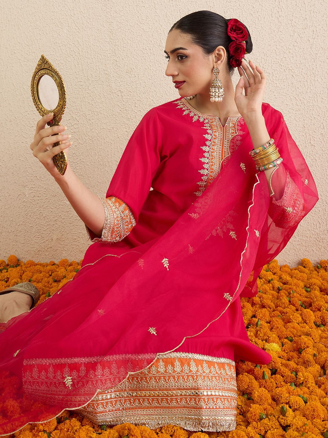 Dhiyona IE Ethnic Motifs Embroidered Notch Neck Straight Kurta With Trousers & Dupatta