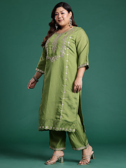 Dhiyona IE Plus Size Floral Embroidered Gotta Patti Kurta with Trousers & With Dupatta