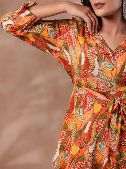 Dhiyona IS Women's Ethnic Printed Shirt Collar A-Line Kurta With Trouser
