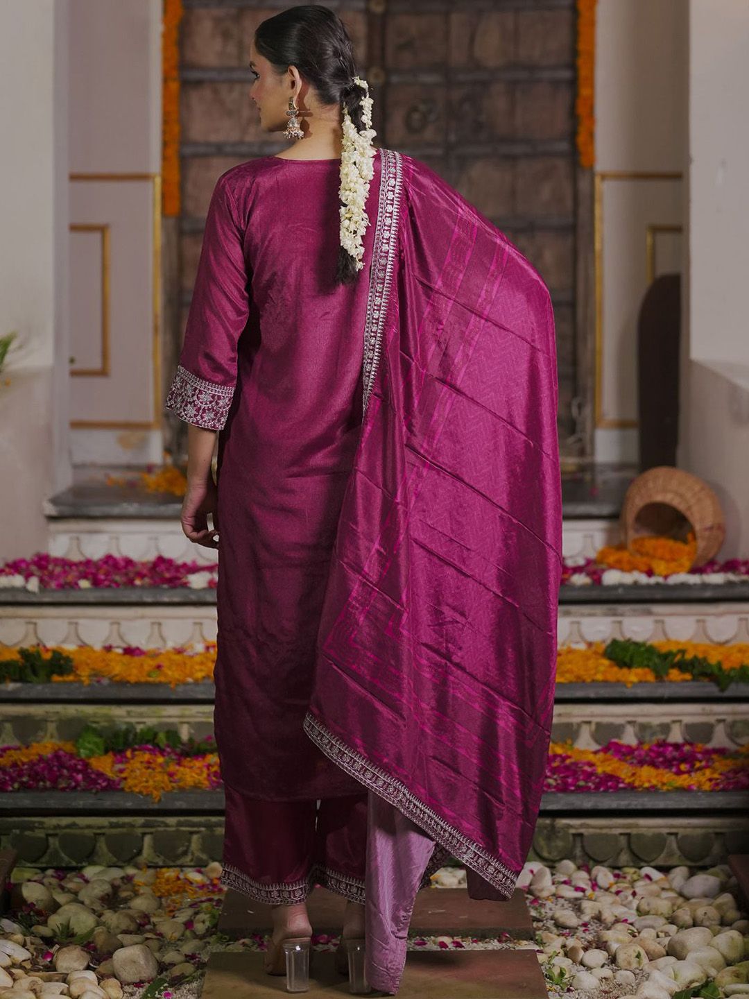 Women Embroidered Regular Sequinned Kurta with Trousers & With Dupatta