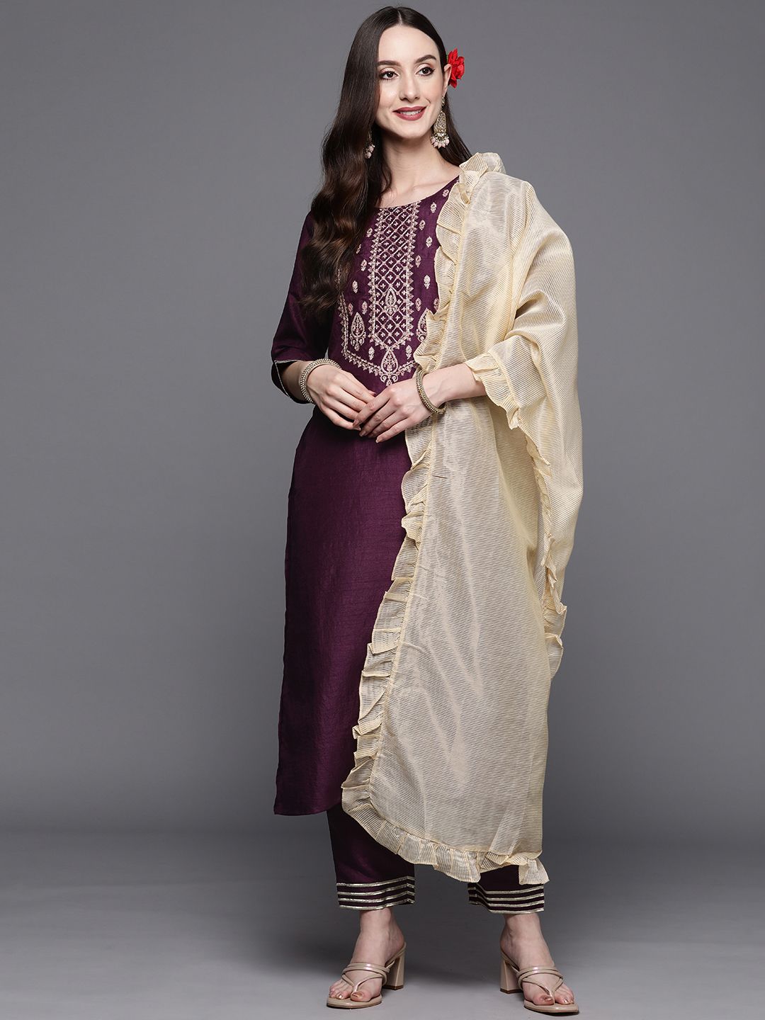 Dhiyona IE Women Purple Ethnic Motifs Yoke Design Thread Work Kurta with Trousers & Dupatta