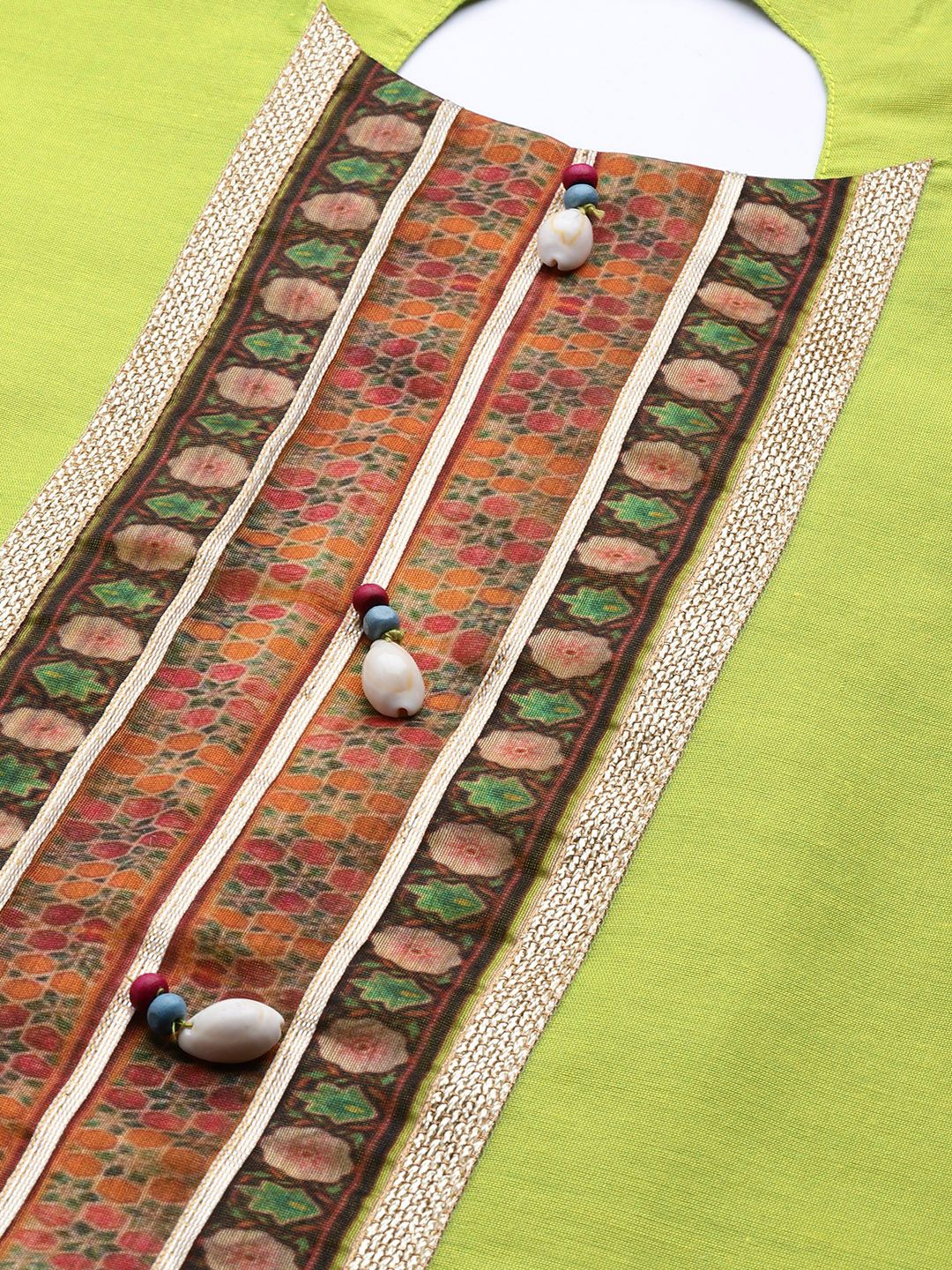 Dhiyona VA Women's Lime Green Ethnic Motifs Yoke Design Beads and Stones Kurta with Trousers & With Dupatta