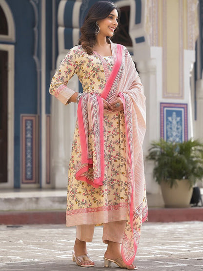 Dhiyona VA Women'sFloral Printed Pure Cotton Empire Anarkali Kurta With Trouser & Dupatta