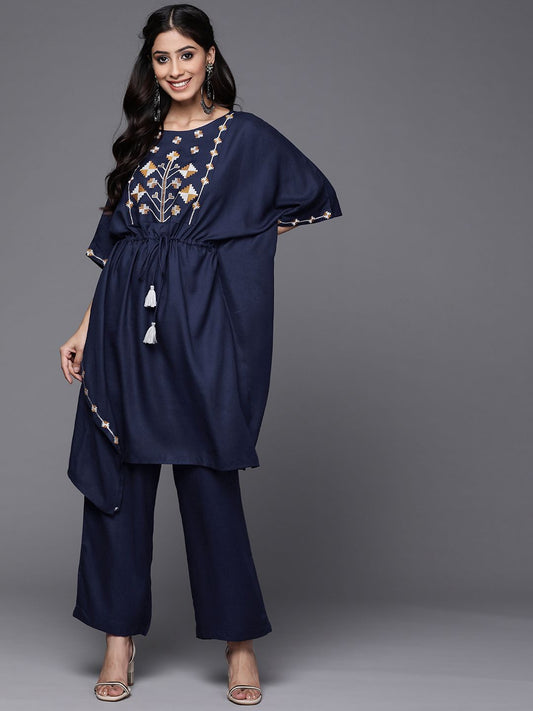 Dhiyona VA Women's Navy Blue Yoke Design Thread Work Pure Cotton Kurta with Trousers