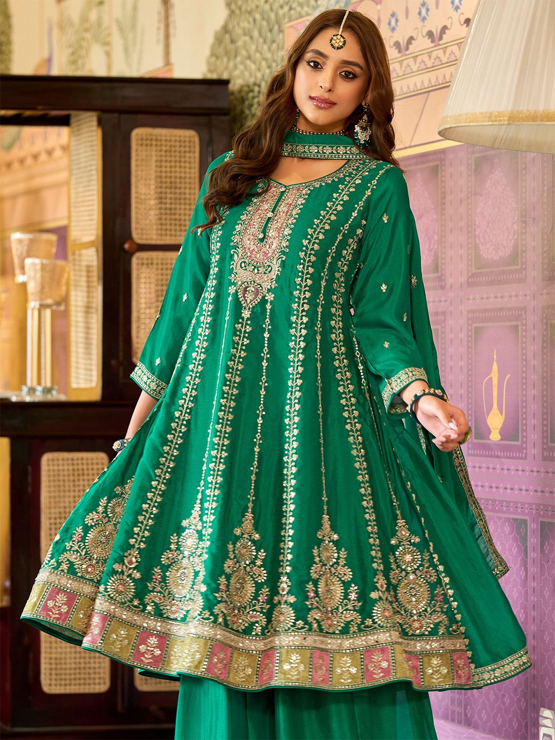 Dhiyona IE Floral Embroidered Mirror Work Round Neck Anarkali Kurta With Palazzos & Dupatta
