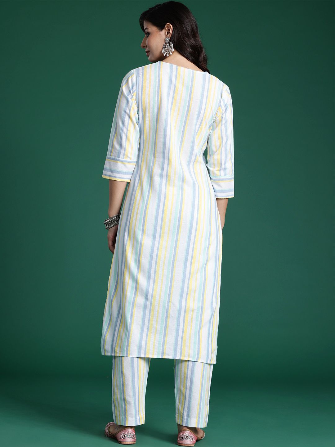 Dhiyona IE Striped Thread Work Pure Cotton Kurta with Trousers