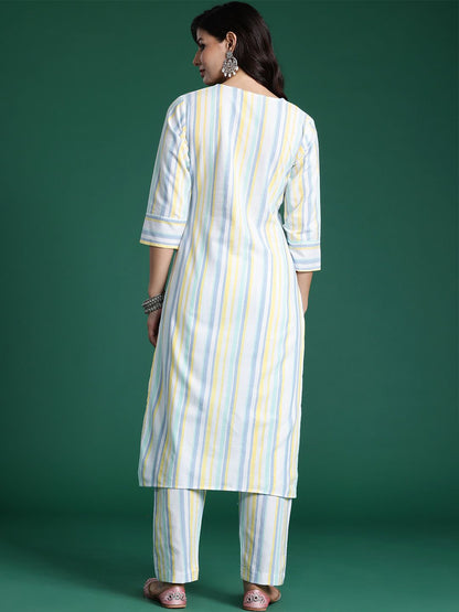 Dhiyona IE Striped Thread Work Pure Cotton Kurta with Trousers