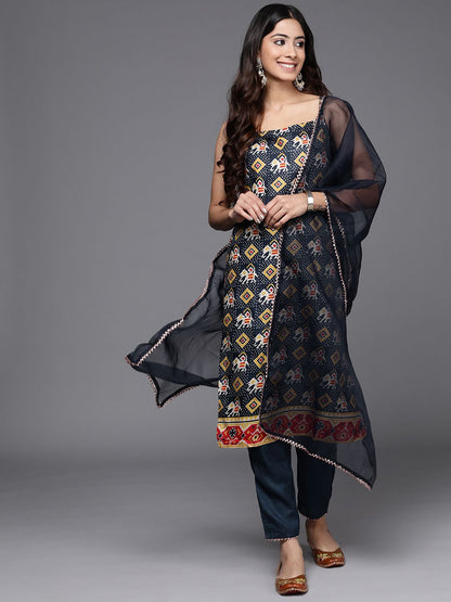 Dhiyona IE Women Blue Ethnic Motifs Printed Kurta with Trousers & With Dupatta