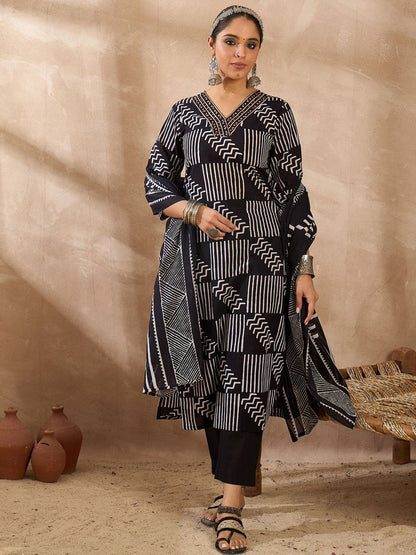 Dhiyona IE Geometric Printed V Neck Pure Cotton Kurta With Trousers & Dupatta