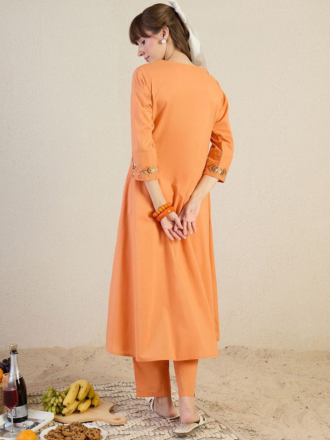 Dhiyona IE Embroidered Pure Cotton V-Neck Top With Trousers Co-Ords