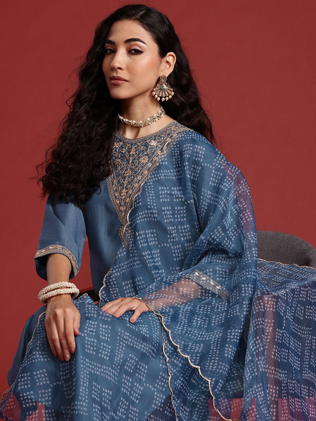 Dhiyona IE Bandhani Yoke Design Gotta Patti Kurta With Trousers & Dupatta