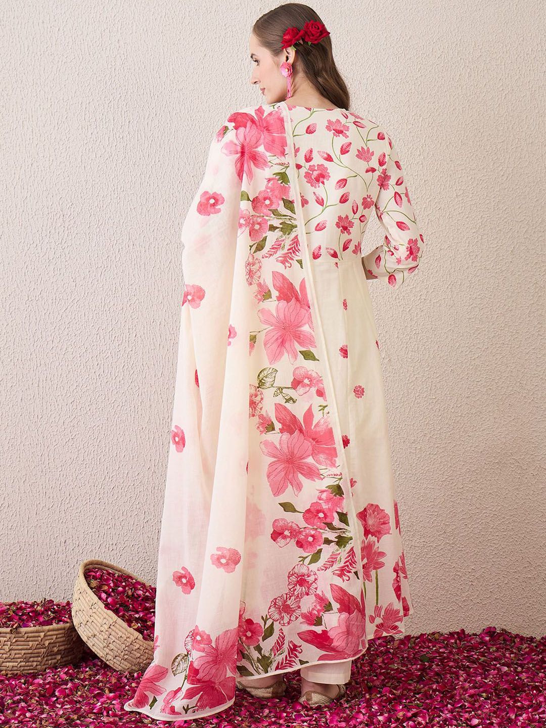 Floral Printed Beads & Stones Pure Cotton A-Line Kurta With Trousers & Dupatta