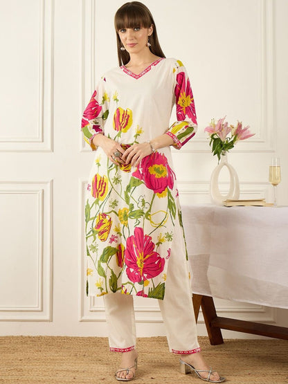 Floral Printed V-Neck Pure Cotton Straight Kurta With Trousers & Dupatta
