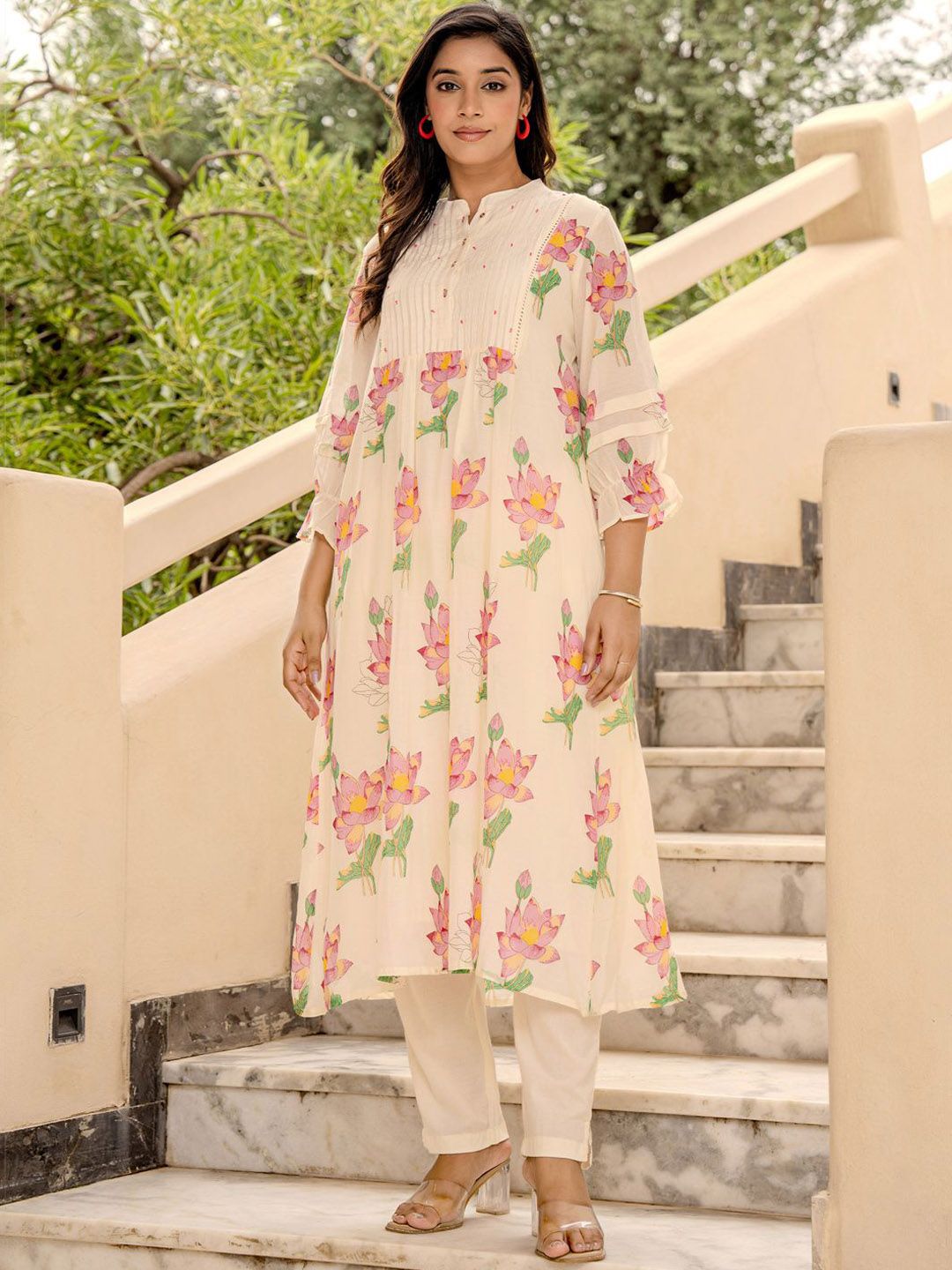 Dhiyona IE Printed Pure Cotton Mandarin Collared Top With Trousers Co-Ords