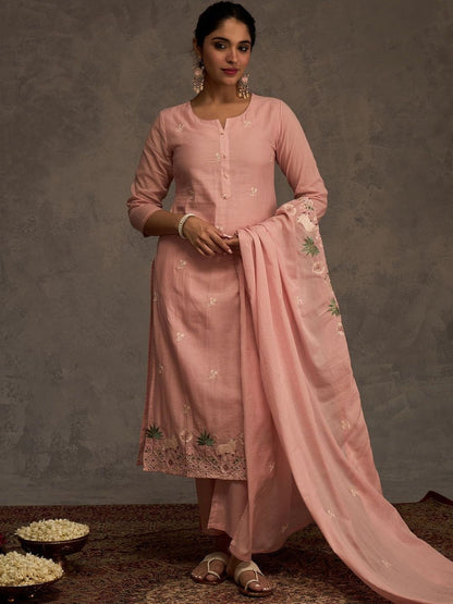 Ethnic Motifs Embroidered Thread Work Pure Cotton Kurta & Trousers With Dupatta