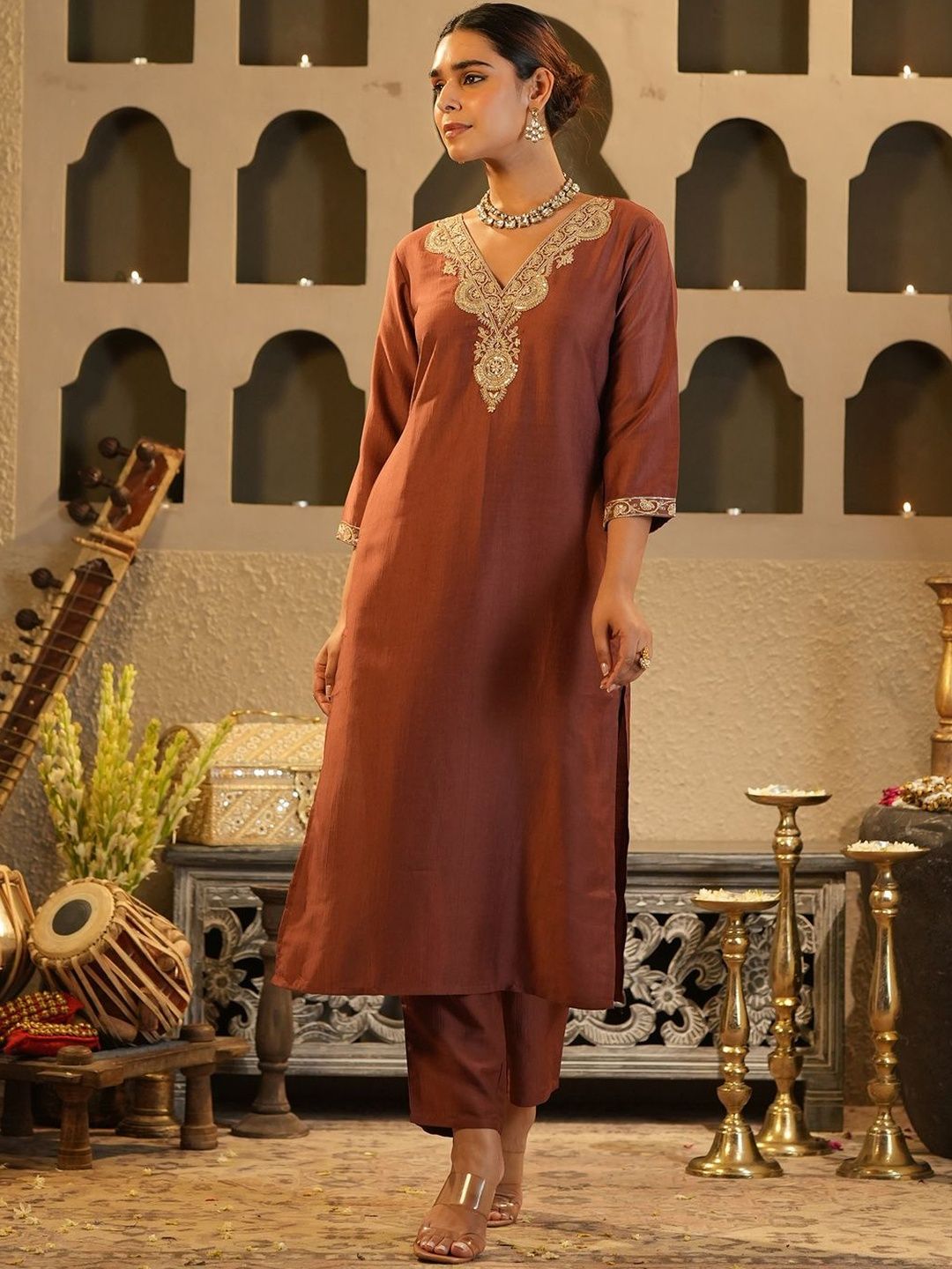 Women Solid Embroidered Kurta with Trousers