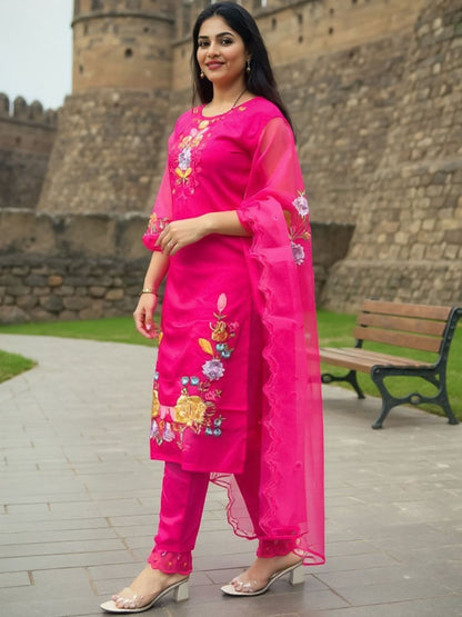 Ethnic Motifs Embroidered Round Neck Thread Work Kurta with Trousers & Dupatta