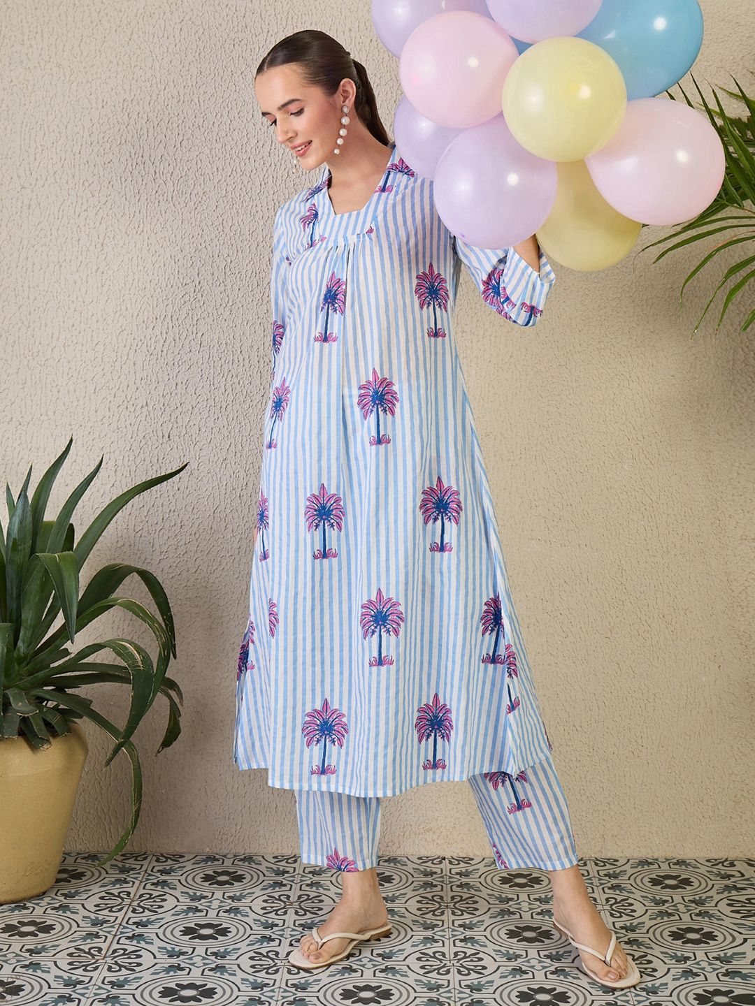 Dhiyona IE Striped Shirt Collar A-Line Pure Cotton Kurta & Trousers