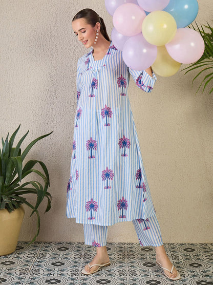 Dhiyona IE Striped Shirt Collar A-Line Pure Cotton Kurta & Trousers