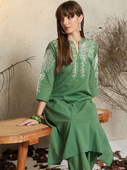 Dhiyona IE Women Embroidered Mandarin Collar Cotton Top and Trousers Co-Ords