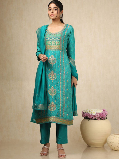 Dhiyona SO Women's Ethnic Motifs Woven Design Zari Work Straight Kurta With Trouser & Dupatta