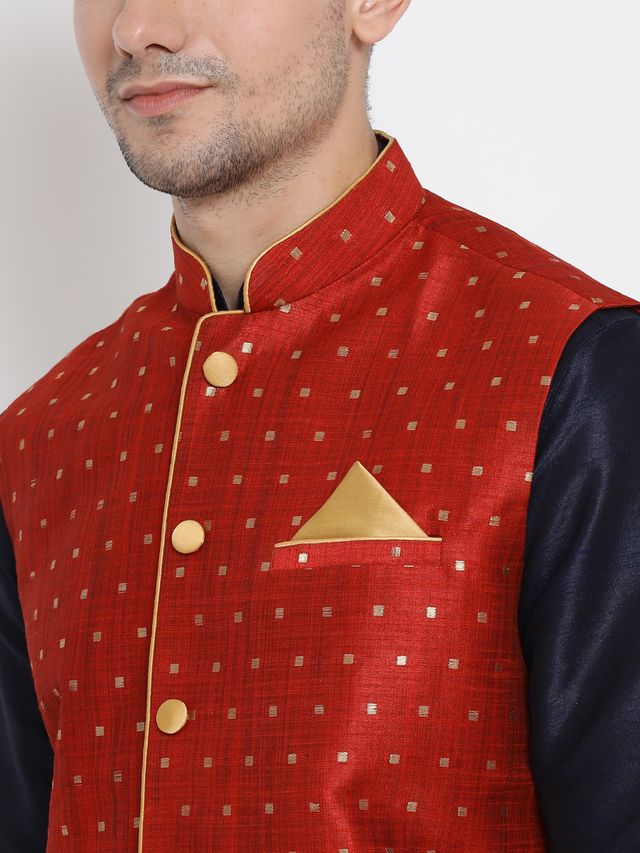 Men's Dark Blue Silk Blend Straight Jacket  Kurta and Dhoti Set