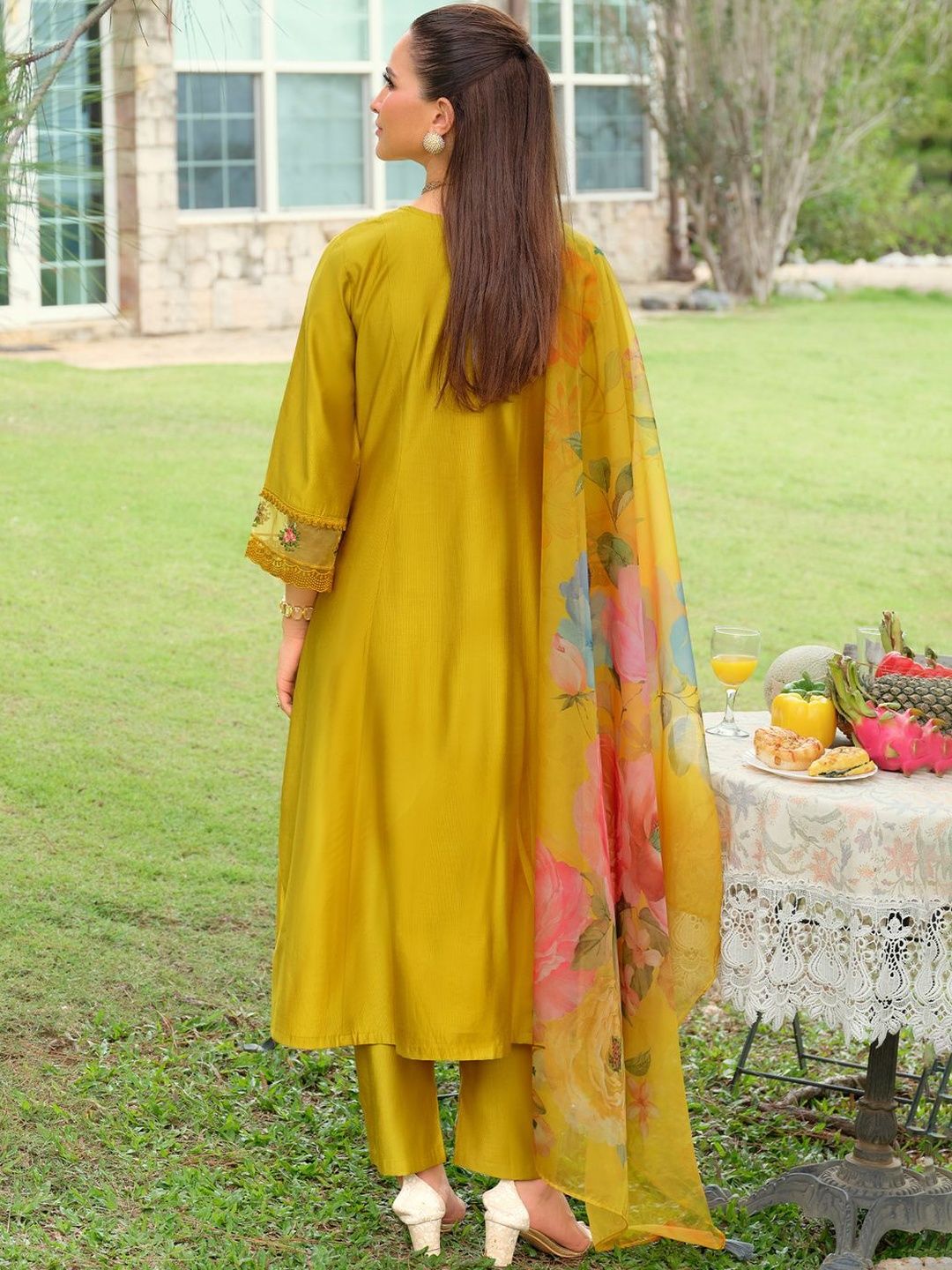 Floral Yoke Design Tie-Up Neck Mirror Work A-Line Kurta & Dupatta with Trousers