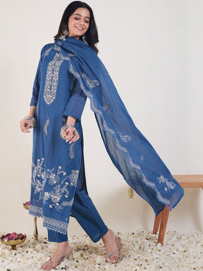 Ethnic Motifs Embroidered Thread Work Pure Cotton Kurta With Trousers & Dupatta