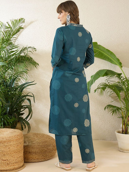 Dhiyona IE Printed V-Neck Three-Quarter Sleeves Pure Cotton Top With Trousers