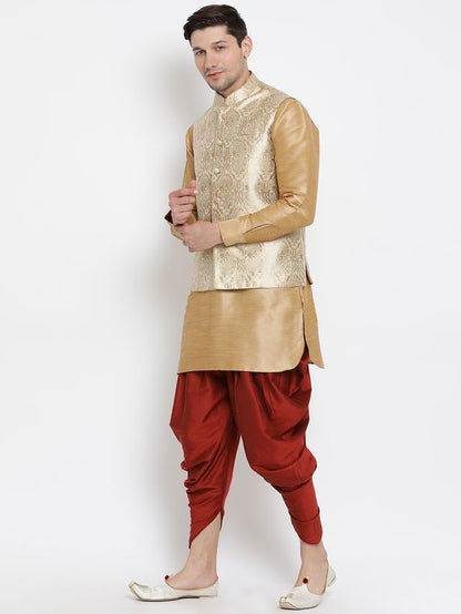 Men's Gold Silk Blend Straight Jacket  Kurta and Dhoti Set