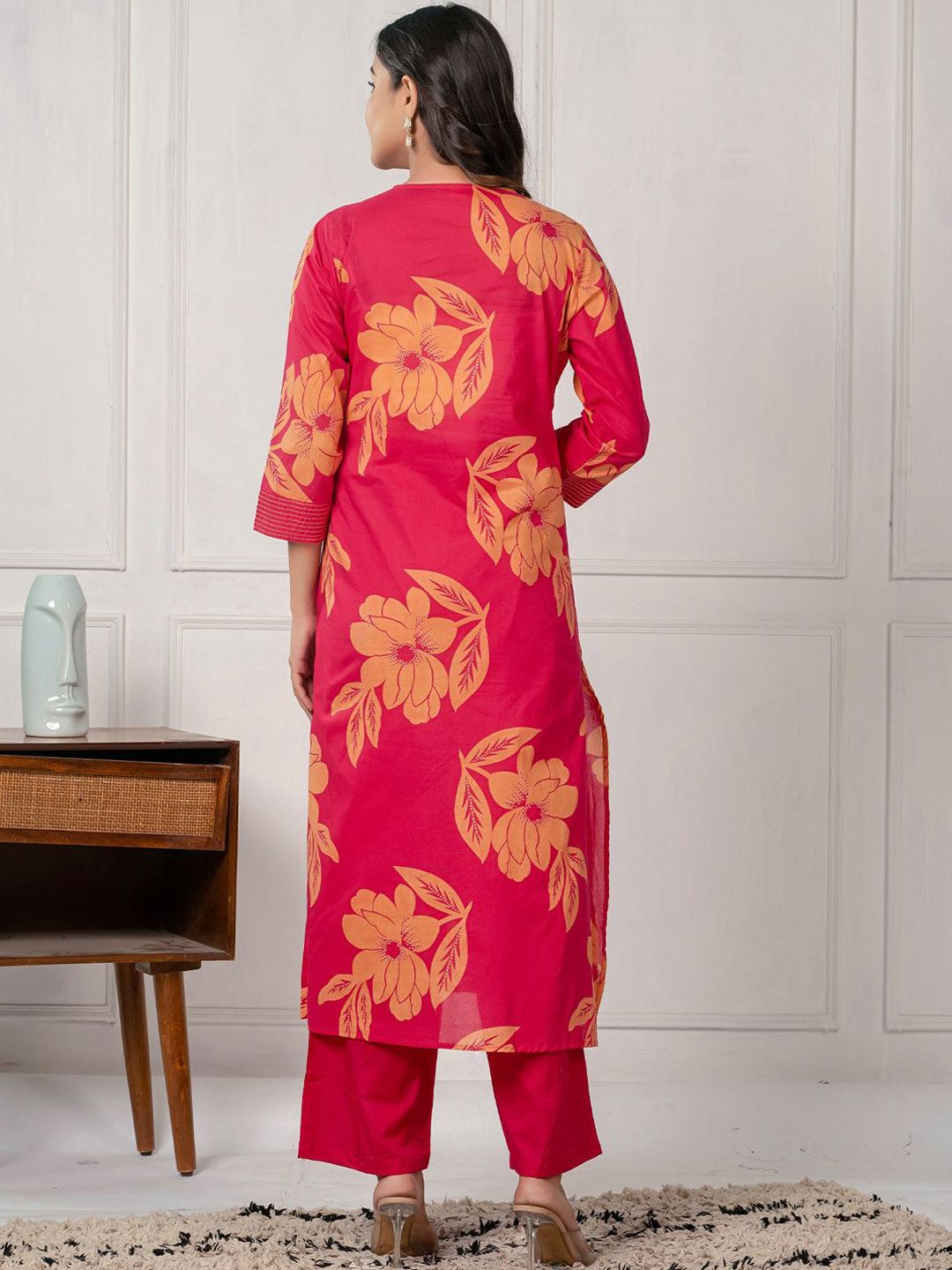 Dhiyona IE Floral Printed V-Neck Pure Cotton Tunic & Palazzos