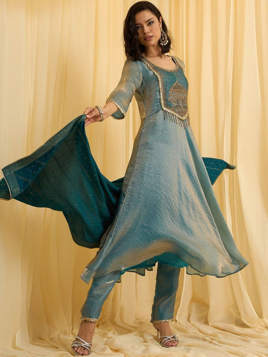 Dhiyona CH Women Woven Design A-Line Kurta with Trousers & Dupatta