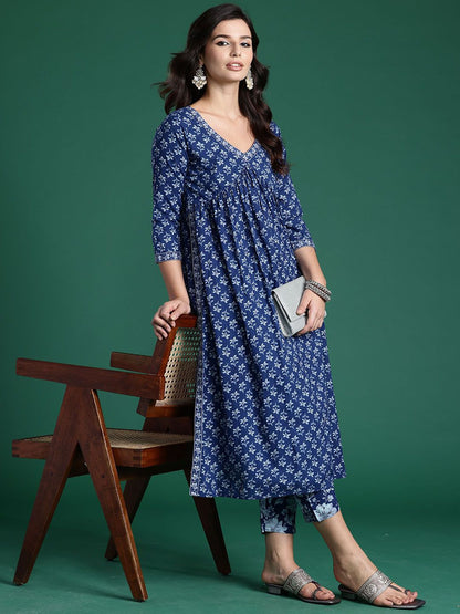 Dhiyona IE Printed V-Neck Pure Cotton A-Line Tunic With Trouser